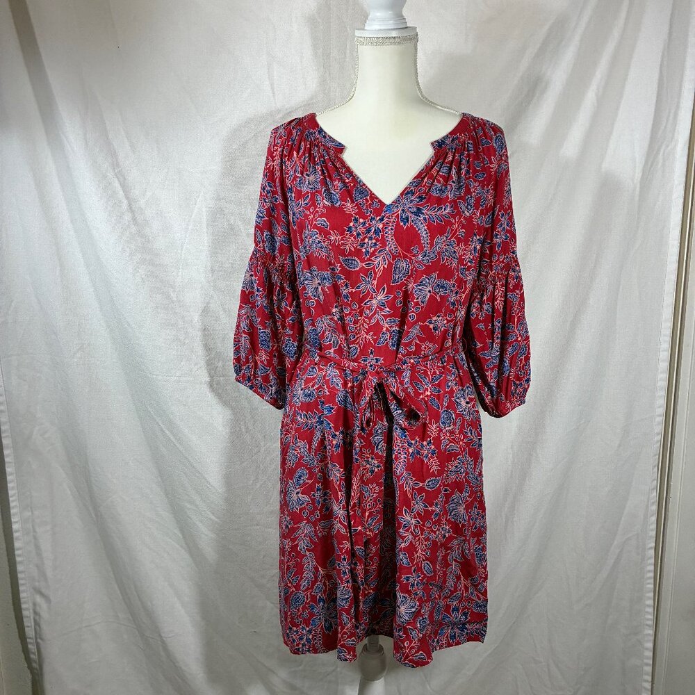 Gap Red Blue Floral V-Neck Belted‎ Puff Sleeve Midi Dress Womens Size Medium